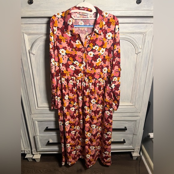 Boutique Fantastica Red Floral Marianne Marigold Collared Midi Dress Boho - Picture 4 of 10